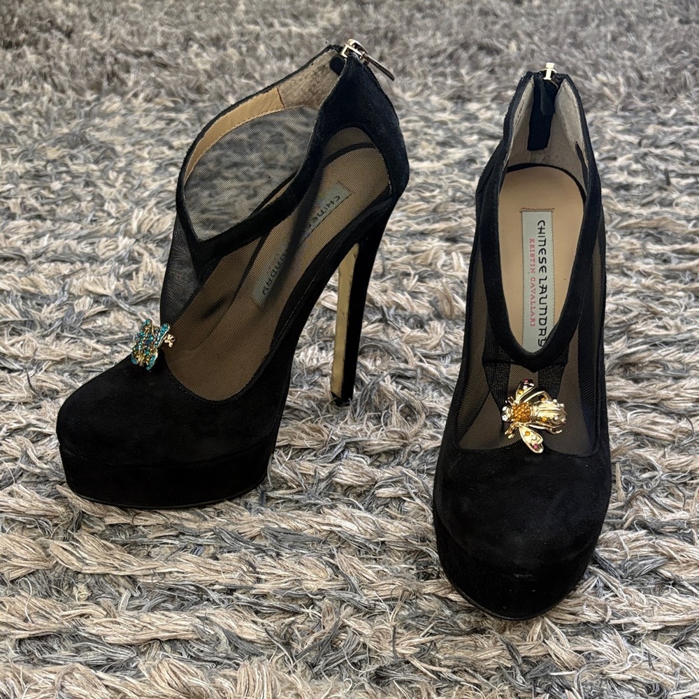 Chinese Laundry Black Suede & Mesh Heels with Removable Crystal Accents, Size 6